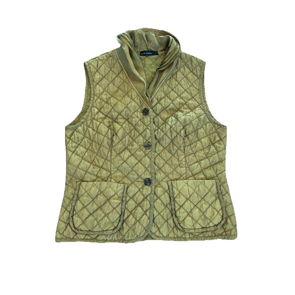 Cut Loose Quilted Button Ruffle Neck Vest Minimalist Lagenlook Green Women's L